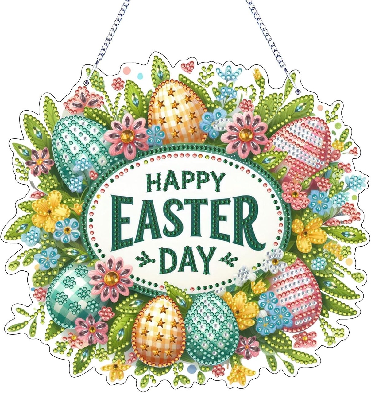 Easter Diamond Art Hanging Kit – DIY Double-Sided Special-Shaped Crystal Window Pendant Ornament (Happy Easter Wreath)